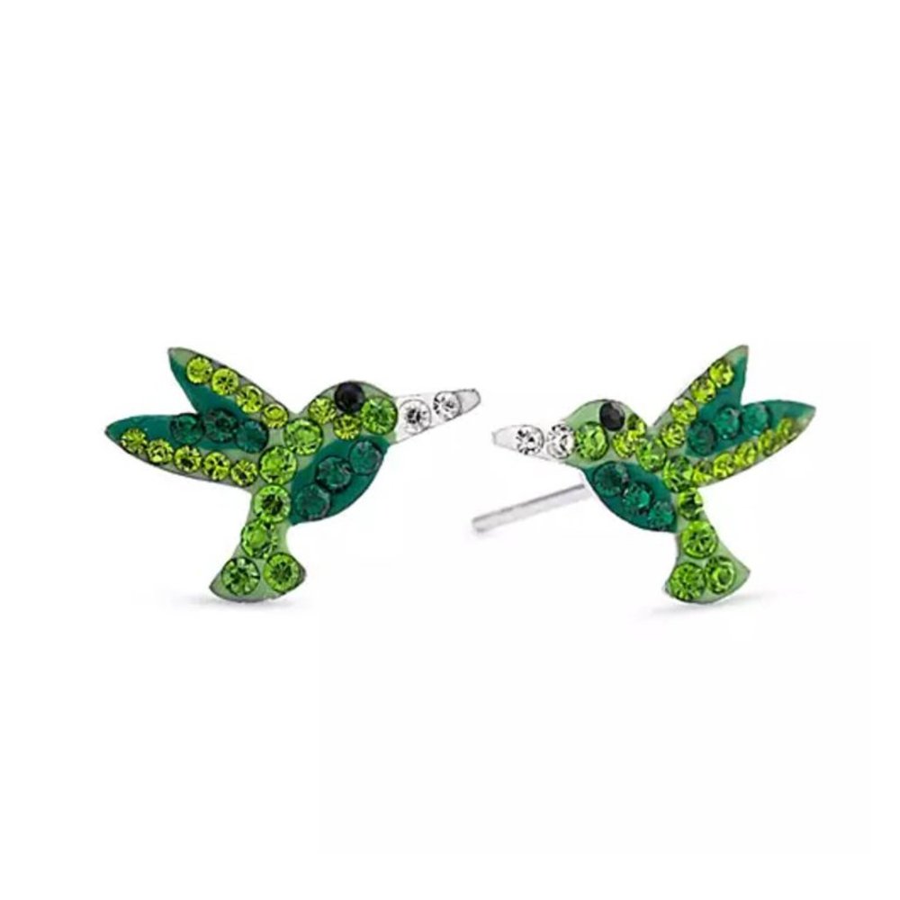Sterling Silver Green Crystal Hummingbird Stud Earrings